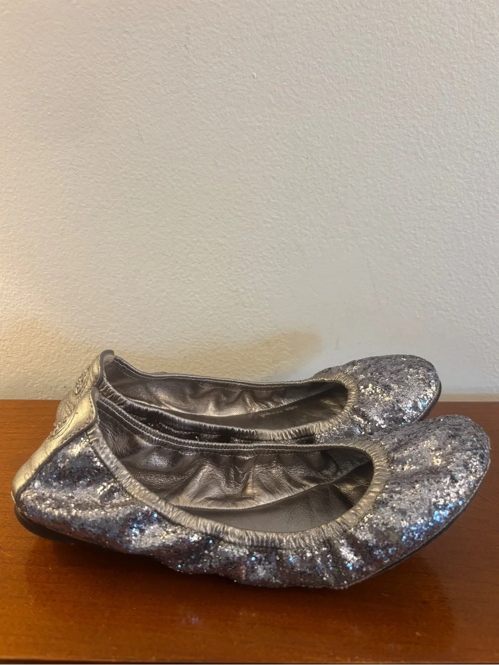 Tory Burch Eddie Pewter Leather Glitter Ballet Flats
